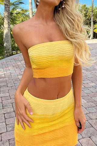 Sonicelife-Yellow Gradient Tube Top Skirt Knitted Set