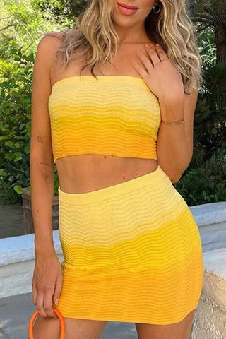 Sonicelife-Yellow Gradient Tube Top Skirt Knitted Set