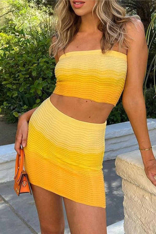 Sonicelife-Yellow Gradient Tube Top Skirt Knitted Set