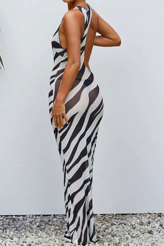 Sonicelife Zebra Print Irregular Cutout Cover-up Dress