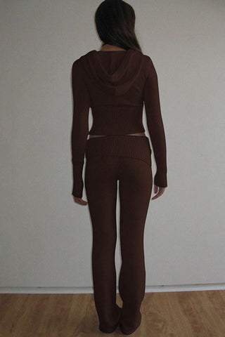 Sonicelife-Zip-up Hoodie Fold Waist Pants Knit Suits