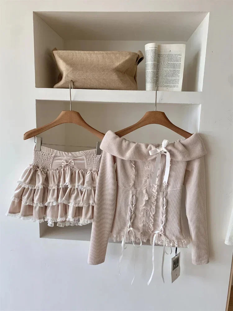 Sonicelife Autumn Winter New Two Piece Set Kawaii Bow Off Shoulder Long Sleeve Tops + 2yk High Waist Ruched Cake Skirt Japanese Pink Suits