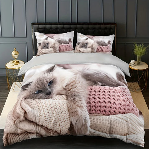 Sonicelife 3pcs Lazy Cat Animal Duvet Cover Set Soft Comfortable And Breathable HD Printing Bedding For Home Dorm