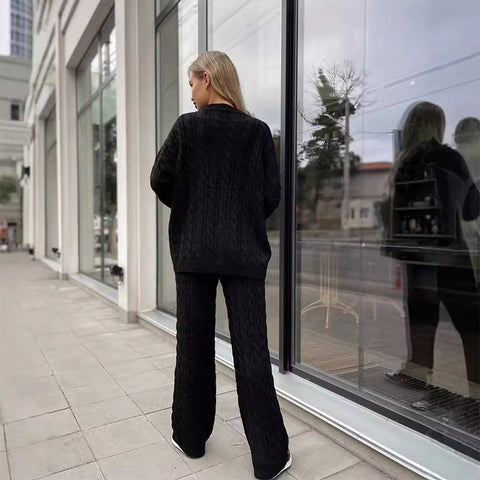 Sonicelife Casual Solid Knit Women Sweater Sets High Waist Wide Leg Lady Long Pant Suit 2025 Autumn Full Sleeve O Neck Female Top Set