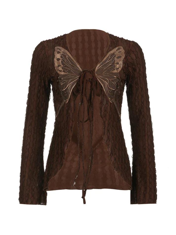 Sonicelife-Retro Brown Textured Butterfly Print Lacing Long Sleeve Blouse