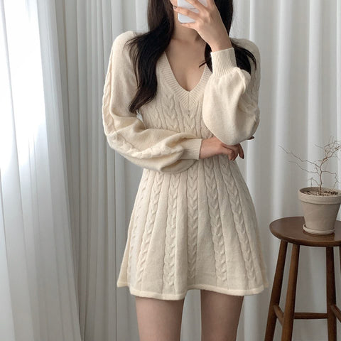 Sonicelife V Neck Elegant Knitted Dress Women Sexy Slim Lantern Sleeve Sweet Mini Dress Korean Fashion Casual Female A Line Dress Fall