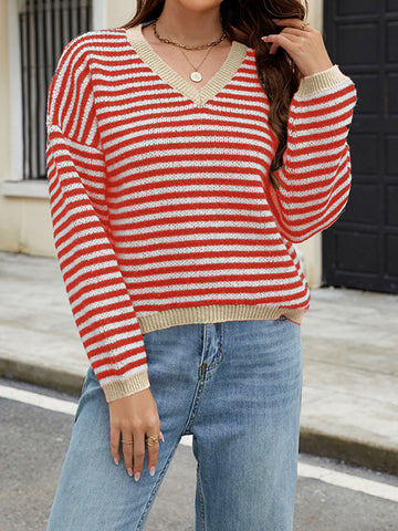 christmas outfit Sonicelife Long Sleeves Loose Contrast Color Jacquard Striped V-Neck Pullovers Sweater Tops