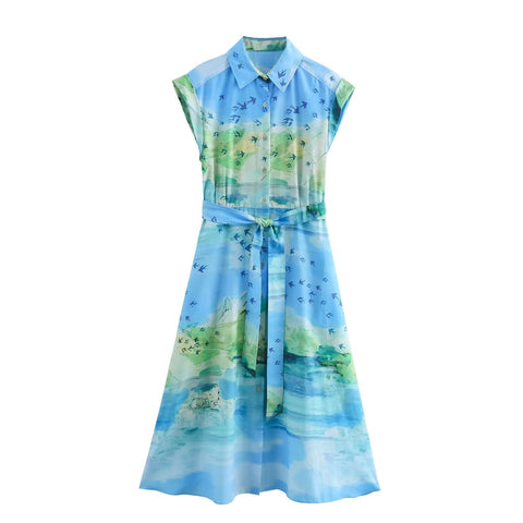 Sonicelife Women's Card Shoulder Printed Dress Shirt Style with Belt Versatile Commuter Style Midi Long Dress New