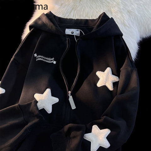 Sonicelife Streetwear Embroidery Star Hoodie Women Clothing Thicked Zipper Hooded Jackets Y2k Tops Casual Fashion Vintage Sweatshirts Coat