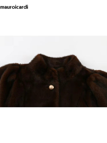 christmas outfit Sonicelife Winter Long Thick Warm Soft Fluffy Brown Faux Mink Fur Coat Women Puff Sleeve Elegant Luxury Furry Overcoat 2025