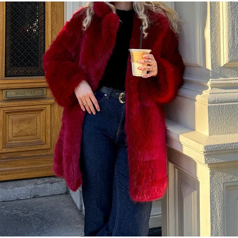 Sonicelife Street Women's Red Faux Fur Coats Loose Lapel Long Sleeves Female Fluffy Jacket 2024 Winter Lady Luxury Thicken Furry Overcoats