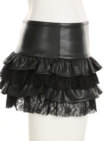 Sonicelife Harajuku Y2k Pu Cake Skirt Women Dark Gothic Cyber Punk Streetwear Hotsweet Lace Patchwork Low Waist Skirt Without Belt