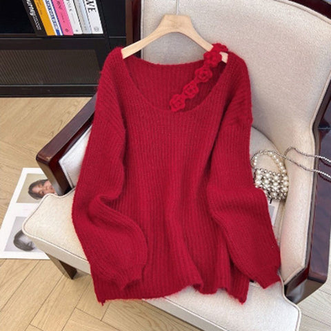 Black Friday Sonicelife Hollow Out 3D Flowers Sweater Women Fashion Loose Solid Lazy Pullover Spring Fall Sweet Hot Knitted Pretty Style Jumpers