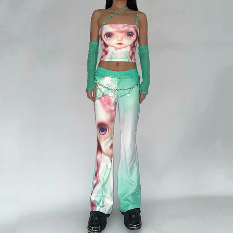 Sonicelife Kawaii Lady Cute Doll Printed 2 Piece Camis Top Pants Suits Asymmetric Camisole High Waist Flare Pants Two Piece Y2K Outfits