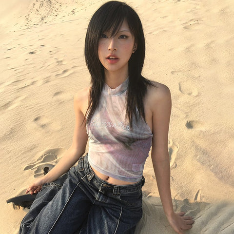 Sonicelife Y2K Mesh Printed Vest Women Japanese Harajuku Tie Dye Backless Crop Tops Vintage 2000S Diamond Tanks Korean Popular Tank Top New