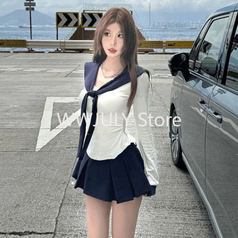 Sonicelife 2025 New Uniform Korean Style 3 Piece Set E- Girls Casual Basic Tops Sweet Slim Y2k Mini Skirt Fashion Elegant Suit Woman