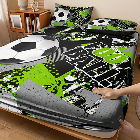 Sonicelife 3pcs Sports Football Fitted Sheet Set (1 Fitted Sheet + 2 Pillowcase, Without Pillowcase) Soft Comfortable Bedding Mattress
