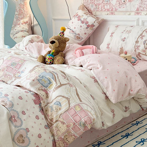 Sonicelife Cute Bear Duvet Cover Set with Zipper Pink Heart Bed Sheet Pillowcases No Filler Twin Queen Size Girls Boys Gift Bedding Set