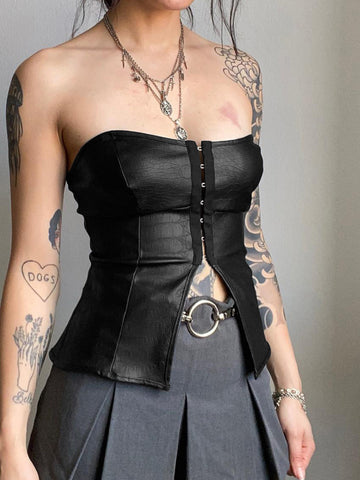Sonicelife Gothic Dark Cyber Pu Vest Women Harajuku Streetwear Y2k E-girl Emo Alternative Grunge High Waist Strapless Crop Tank Top