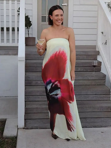 Sonicelife 2025 New Floral Printed Strapless Loose Robes Women Sexy Off Shoulder Sleeveless Backless Maxi Dress Fashion Lady Party Vestidos