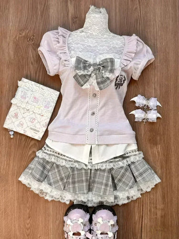 Sonicelife Japanese Sweet Preppy Style Skirt Set Women Kawaii Lace Patchwork Bow Tops + Y2k Plaid Mini Skirt Elegant Outifits 2 Piece Set