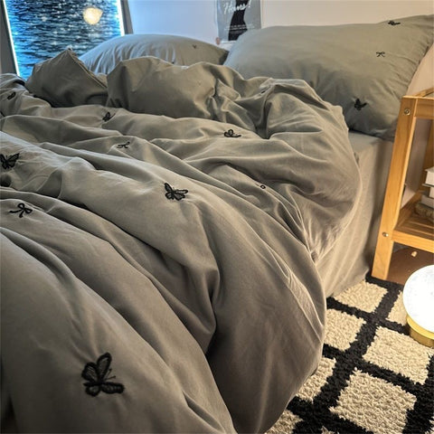 Sonicelife Ins Style Embroidered Butterfly Bedding Sheet Nordic Duvet Cover Set Home Luxury No Filling Bedding Set Comfortable Bedspread