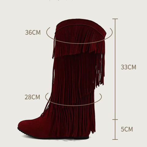 thanksgiving outfit Sonicelife Women Mid Calf Boots Round Toe Increased Heel Fringe Flock Suede 46 47 48 Slip On Fashion Dating Bota