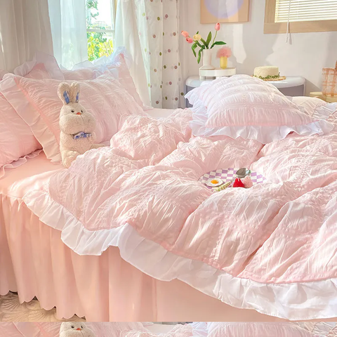 Sonicelife Korean Style Bedding Set Seersucker Princess No Filler Girls Single Double Queen Size Duvet Cover Sheet Pillowcase Bedspread