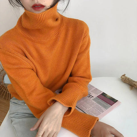 Black Friday Sonicelife Zoki Autumn Warm Turtle Neck Sweater Women Fashion Korean Solid Knitted Basic Pullovers Loose O Neck Long Sleeve Female Jumper