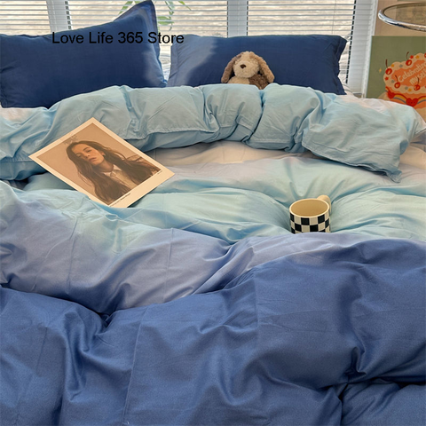 Sonicelife Gradient Blue Bedding Set Flat Bed Sheet Duvet Cover Single Double Full Queen King Bedclothes Ins Pure Bedroom Linen