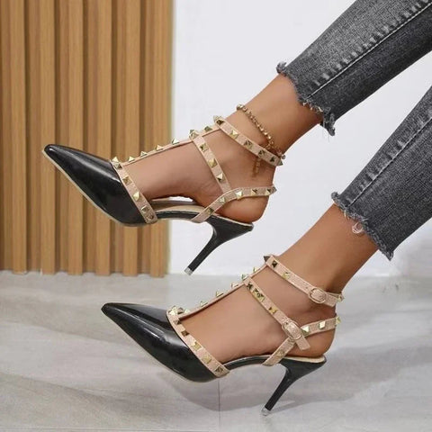 Sonicelife Shoes Sandals for Girls Heels Fashion Women's 2024 Mules Pointed Toe Stilito Heel Rivet Replica on Promotion Pole Dance New Rock