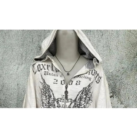 Sonicelife Vintage Sweatshirts 2025 Women's Clothes White Print Tunic Hooded Y2k Coat Streetwear Fashion Casual Hoodies Tops Ropa Mujer