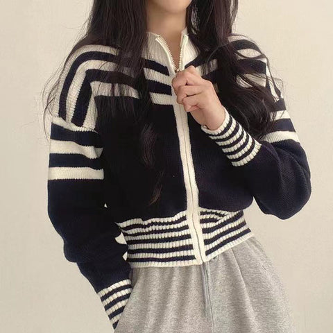 Sonicelife Vintage Striped Cropped Cardigan Women Long Sleeve Casual Korean Knitted Tops Fall Zipper Stand Collar Elegant Cardigan New