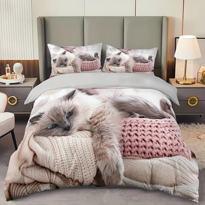 Sonicelife 3pcs Lazy Cat Animal Duvet Cover Set Soft Comfortable And Breathable HD Printing Bedding For Home Dorm