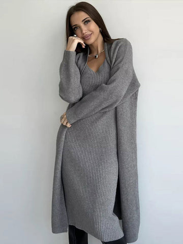 Black Friday Sonicelife Casual Knitted Sling Dresses Cardigan Set Women Loose Solid V-neck Knitwear Long Open Sweater Woman's Sets Autumn Chic Oufits