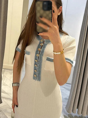 Sonicelife Elegant V Neck Denim Patchwork Knitted Long Dress Women Fashion Short Sleeved Buttons Bodycon Dresses Office Lady Pockets Robes