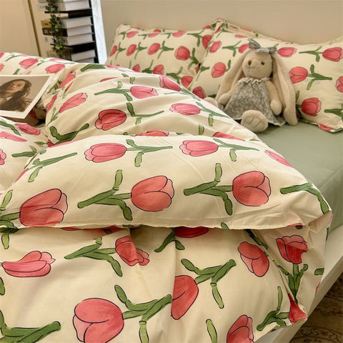 Sonicelife Cream Green Floral Duvet Cover Set No Filler Ins Style Full Size Girls Boys Flat Sheet Pillowcase Bedspread Cute Kawaii Bedding