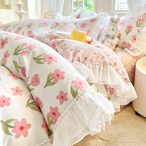 Sonicelife Princess Style Bedding Set Cute Korean Ruffles Single Double Queen Size Duvet Cover Sheet Pillowcase Girls Bedspread