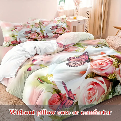 Sonicelife 3pcs Duvet Cover Set, Rose Flower Butterfly Printed Bedding Set, Soft Comfortable Breathable Duvet Cover With Pillowcase