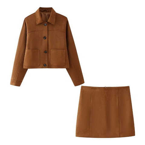 Sonicelife Vintage Short Suede Jacket Mini Skirt Set Women Lapel Single Breasted Crop Coat A-line Skirts 2024 Autumn Lady Commute Outfit