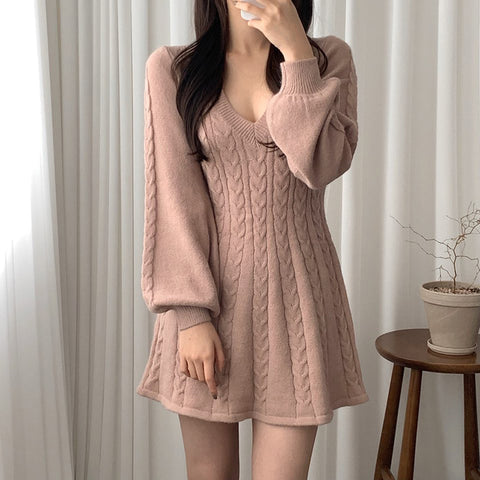 Sonicelife V Neck Elegant Knitted Dress Women Sexy Slim Lantern Sleeve Sweet Mini Dress Korean Fashion Casual Female A Line Dress Fall
