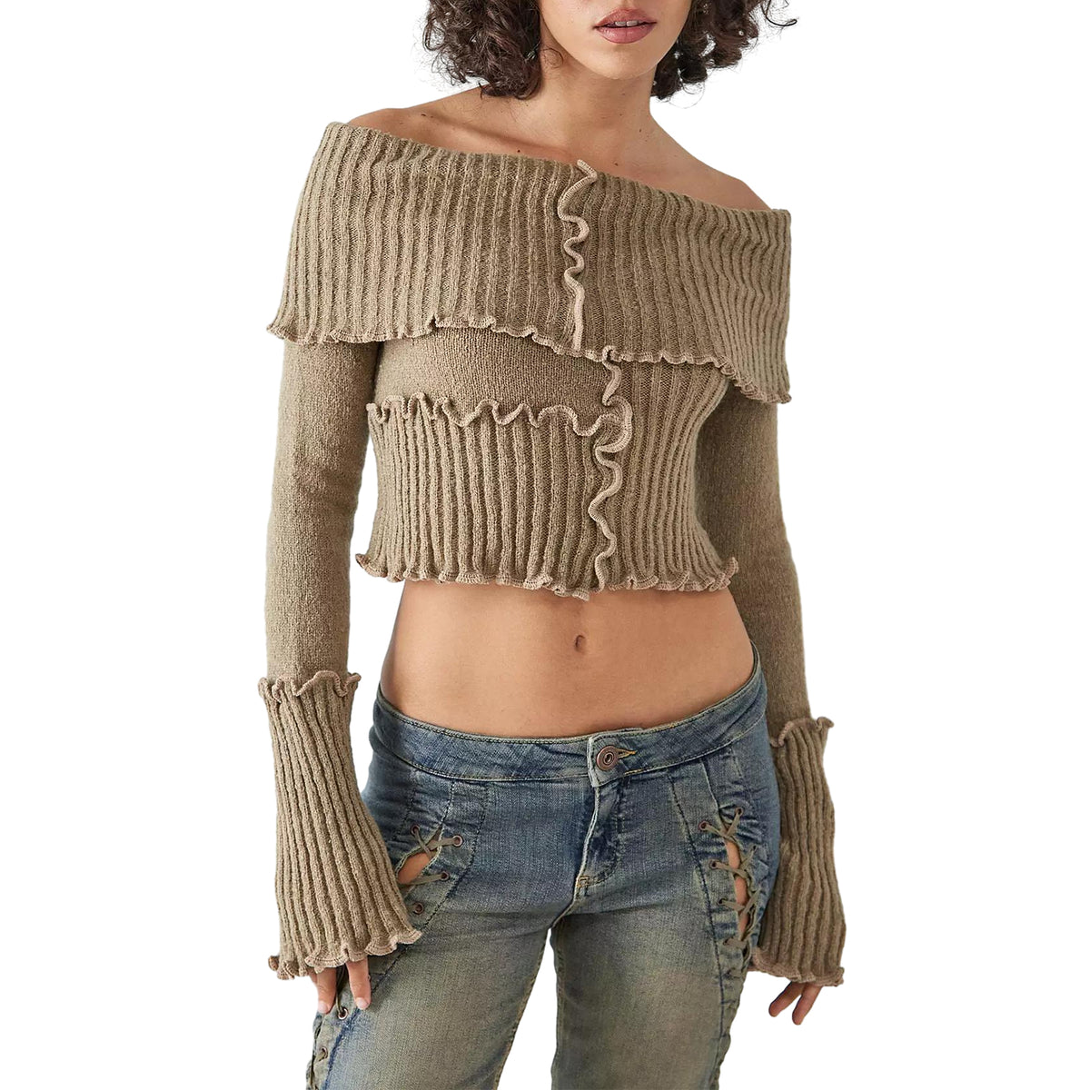 thanksgiving outfit Sonicelife Women s Off-Shoulder Cropped Tops Ribbed Knit Long Sleeve Lettuce Edge Trims Sweater Slim Fitted Y2K Knitwear