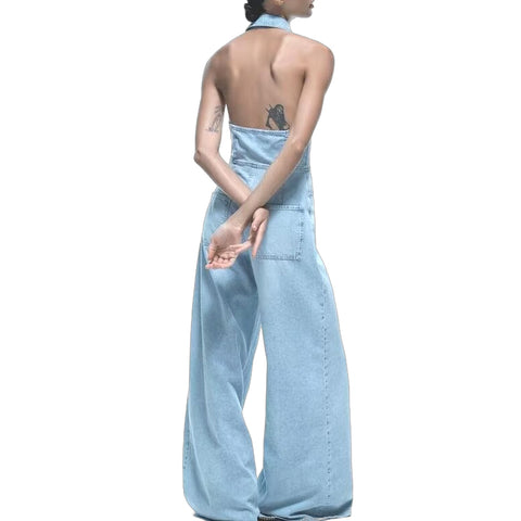 Sonicelife Women's Denim Jumpsuit with Hanging Neck Single Breasted Design Fashionable and Sexy Temperament Hanging Back New