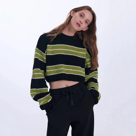 Black Friday Sonicelife Y2K Green Striped Crop Knit Sweater Women Korean Vintage Streetwear Long Sleeve Pullover Female Loose All-Match Short Jumper