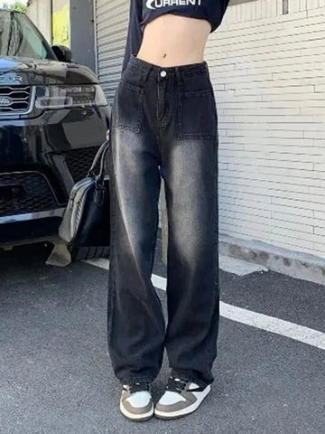 Sonicelife Vintage Jeans Women Y2K High Street Loose High Waist Wide Leg Denim Pants Korean Casual Streetwear Straight Denim Trousers