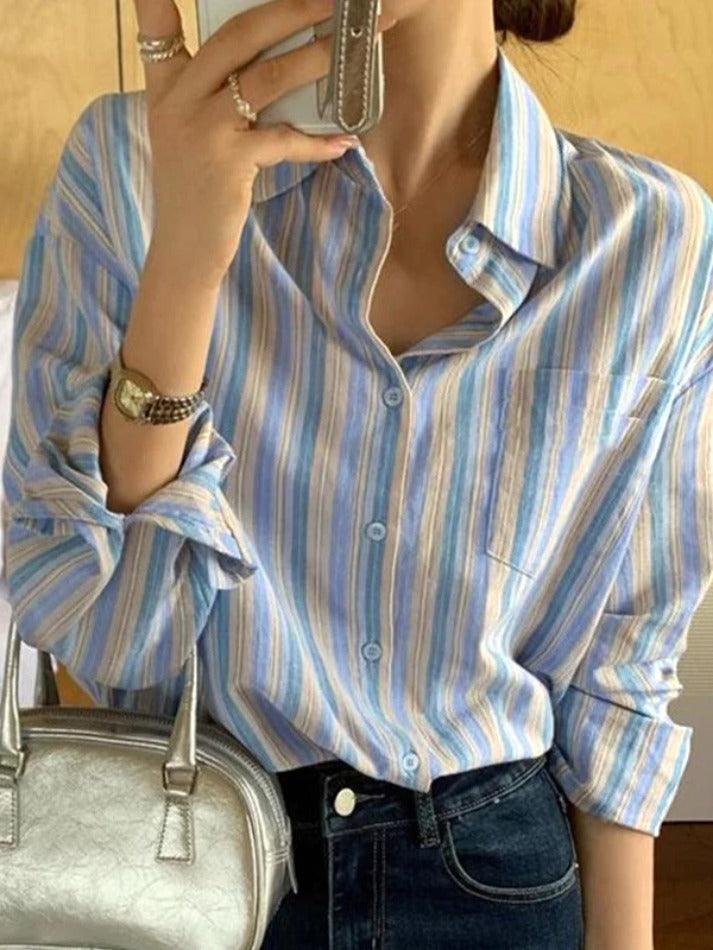 Sonicelife Contrast Color Striped Long Sleeve Blouse