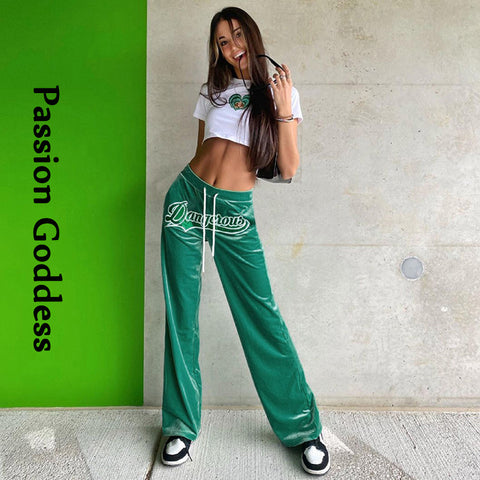 Sonicelife Women Velvet Long Pants Letter Embroidery Mid-waist Drawstring Straight Pants Y2k Stretchy Trousers Hippie Boho Loose Bottoms