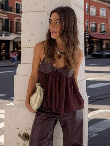 Sonicelife PU Patchwork Vest Women's Sling V-Neck Pleated Sleeveless Leather Tank 2025 Spring Summer Loose Suspender Waistcoat Lady Clothes