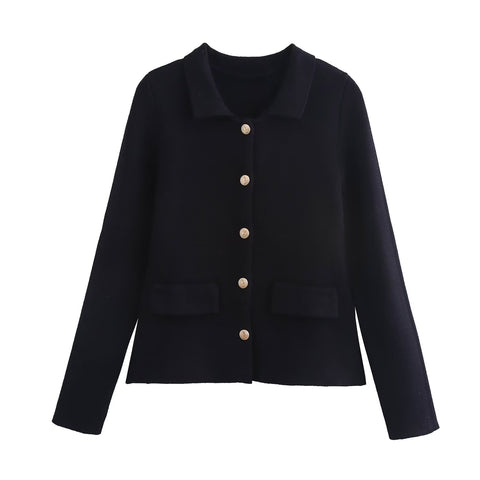 Sonicelife Women's Knitted Cardigan with Polo Collar Single-Breasted Flip Top Versatile Casual Long-Sleeved Sweater Commuter New