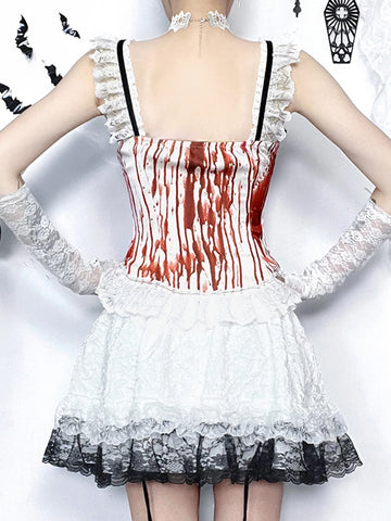 Sonicelife Halloween Dark Gothic Camis Women Streetwear Sexy Cyber Punk Y2k Grunge Blood Red Printed Lace Patchwork Crop Tank Tops
